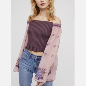 Free People Breaking Dawn Embroidered Ribbed Knit Off Shoulder Purple Sequins XS
